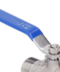 Heavy Hitter 3/4 Inch Ball Valve Built From 304 Stainless Steel With NPT Male Thread Ends And A Non Slipping Hand Lever For Droptight Shut Off In Water Oil Or Gas Plumbing Rigs close-up of lever and threads.