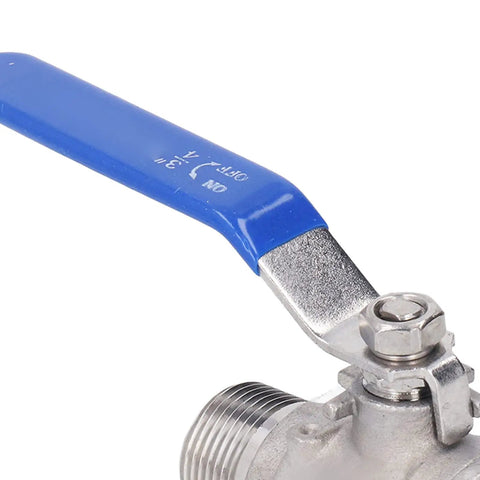 Heavy Hitter 3/4 Inch Ball Valve Built From 304 Stainless Steel With NPT Male Thread Ends And A Non Slipping Hand Lever For Droptight Shut Off In Water Oil Or Gas Plumbing Rigs close-up of lever and threads.