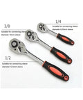 Top Shelf Chrome Vanadium Socket Wrench Set With Ratchet Handle And Extension Bar For Home Repair Precision Metric Sockets in 1/4 3/8 or 1/2 inch drive, featuring three ratchet handles.