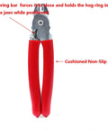 Close-up image of Spring Loaded Hog Ring Pliers Kit for Quick Upholstery DIY Friendly and Cage Netting Installations, 7in with red grips.