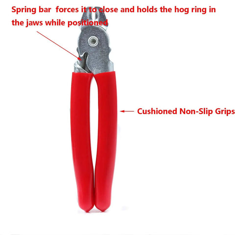 Close-up image of Spring Loaded Hog Ring Pliers Kit for Quick Upholstery DIY Friendly and Cage Netting Installations, 7in with red grips.