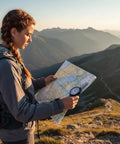 Woman using Trail Tested Map Measuring Wheel Odometer for Camping Hiking and Backcountry Adventures, mountain backdrop.