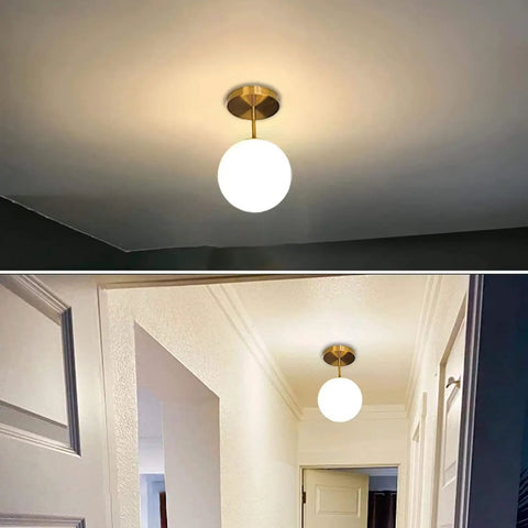 Mid Century Modern Ceiling Light Fixture With Milk Glass Shade And Matte Gold Finish Semi Flush Mount For Hallway Living Room Kitchen Bedroom Or Storage Spaces Bulb Included No Fuss Install