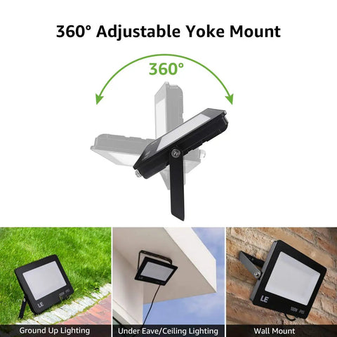 100W LED Flood Light Outdoor Waterproof Floodlight 10000 Lumens Crazy Bright Daylight White 5000K 900W HPS Equivalent Exterior Floodlight Two Pack for Backyard Garage Driveway Energy Saving Outdoor Lighting with 360-degree adjustable yoke mount with ground, ceiling, and wall lighting options.