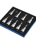 Three Eighths Inch Drive Metric Hex Bit Socket Set In Chrome Vanadium Steel, 2mm To 10mm, in a foam organizer, 9-piece set