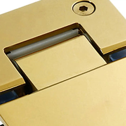 Close-up of Heavy Duty 135 Degree Glass Door Hinge With Dope Brushed Gold Finish and Rust Resistant 304 Stainless Steel.