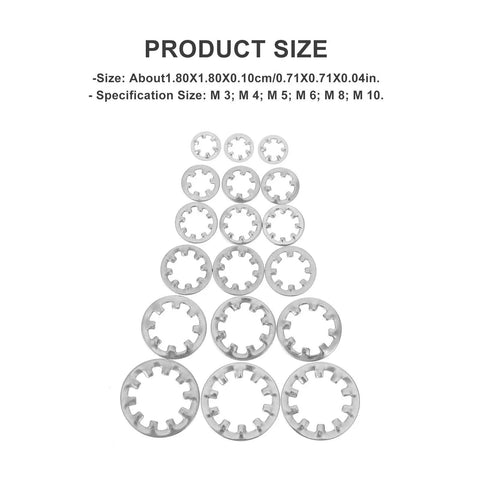 Internal Tooth Lock Washers Set 300 Pcs Stainless Steel Star Shape Lock Washers shown in various sizes