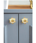 Top Shelf Set Of Six Crisp White Glass Cabinet Knobs For Kitchen Drawers And Dresser Hardware Featuring A Handcrafted Smooth Finish That Looks Pretty Dang Slick On Cupboards, gold and white flower design on gray cabinet.
