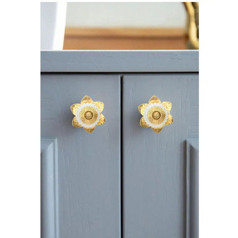 Top Shelf Set Of Six Crisp White Glass Cabinet Knobs For Kitchen Drawers And Dresser Hardware Featuring A Handcrafted Smooth Finish That Looks Pretty Dang Slick On Cupboards, gold and white flower design on gray cabinet.
