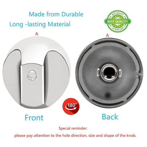 Front and back view of Five Pack Range Burner Control Knob Replacement Set for Cafe CGP350 Series Ovens, showing snap fit design.