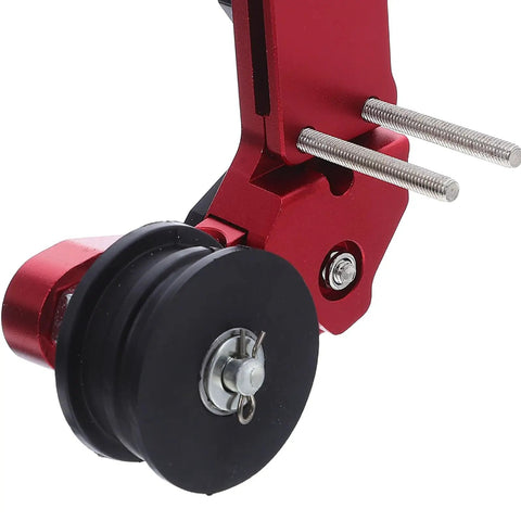 Red Universal Aluminum Motorcycle Chain Tensioner Kit With Auto Adjuster Roller For Dirt Bike Motocross And ATV Keeps Your Chain Smooth Like Butter While Cutting Down On Wear And Tear For Less Maintenance hassle Free Riding, red aluminum roller close-up