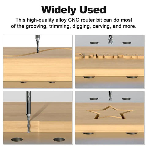 Up And Down Cut Compression Spiral Router Bit For CNC Machines carving wood with star and groove patterns, top view.