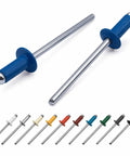 Pack Of 100 Painted Dome Head Pop Rivets 5/32 Inch By 5/16 Inch Aluminum Bodies Steel Mandrels Genuine Gentian Blue RAL 5010 Din 7337 Fasteners shown with various color options.