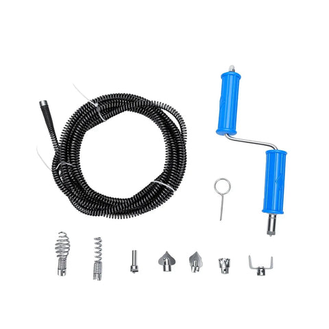 Professional Grade Drain Auger Attachment With Six Sharp Cutting Blades And Five Meter Flexible Steel Cable Plus Electric Manual Adapters For Knocking Out Stubborn Sink Shower Clogs Fast, featuring flexible coil and multiple cutter heads.