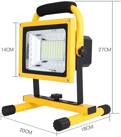 Spot Lighting Led Floodlight 500W 5000Lm Rechargeable Led Work Light with yellow frame and smart design, measuring 20x18x27CM.