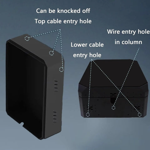 Locking EV Charger Weatherproof Enclosure With Mounting Post showing entry holes for cables on black galvanized steel cabinet.