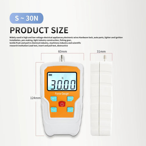 Precision Digital Force Gauge With Kickass Push Pull Testing Capabilities And Straight Up Hella Accurate Readings In Newton Pound Ounce Units For Heavy Duty Material Stress Checks And Bombproof Calibration, displayed with measurements.