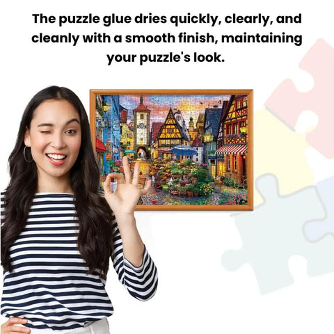 Person gesturing OK next to framed puzzle preserved with Puzzle Glue With Wide Plastic Spreader Easy To Apply Dries Clear And Quick