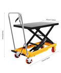 Built Tough Hydraulic Lift Table Cart, 500 Lb Capacity Manual Scissor Jack with black surface and yellow frame, showcasing dimensions.