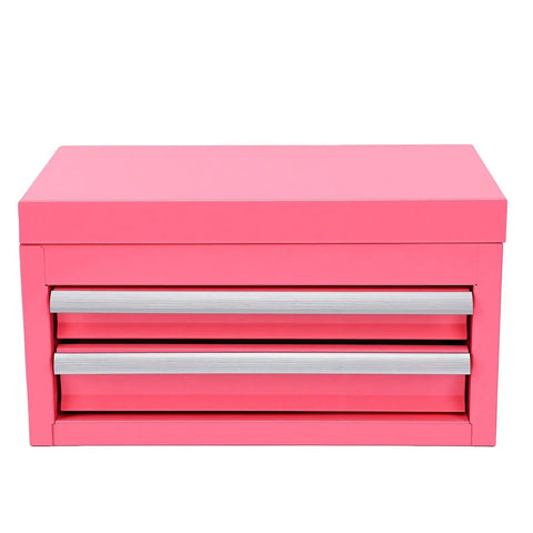Front view of Pink Mini Toolbox Featuring Two Smooth Pullout Drawers And Heavy Duty Iron Frame Compact Portable Gear Case Rig Ready For Job Sites Craft Tables And Mobile Workshop Hella Tough.