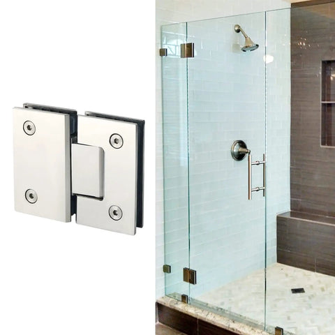 Beefed Up 2 Pack Heavy Duty Glass Door Hinge For Frameless Shower And Cabinet Showcase Clip close-up view on bathroom shower door.
