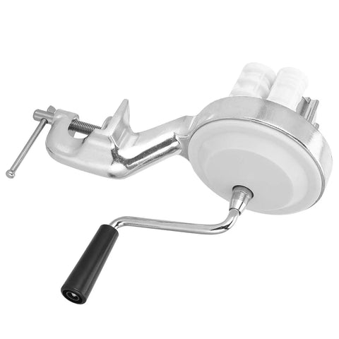 Stainless Steel Hand Pressed Macaroni Machine For Fresh Homemade Pasta With Slick Ergonomic Handles and a clamp for secure use.
