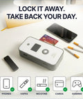 Phone Lock Box Timer to Crush Screen Addiction and Amp Up Focus with 3 Commitment Modes Includes Charging Port on a desk with phone, credit card, and pens.