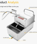 Top Notch 65L Commercial Fryer Filter Machine With Mobile Cart And 550W Motor For Easy Oil Filtration In Restaurants And Supermarkets Great For Heavy Duty Use Quick Cleanup, featuring stainless steel housing and oil outlet pipe.