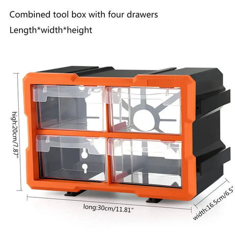 Heavy Duty Plastic Organizing Case Featuring Custom Removable Walls For Screws Bolts Fasteners And Miniature Project Parts Engineered For Tough Daily Grind with four drawers and measurements.