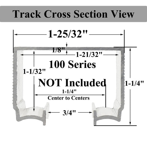 Cross section view of 100 Series track dimensions for Two Pack Pocket Door Soft Close Top Hanger Assemblies Bi Directional Operation