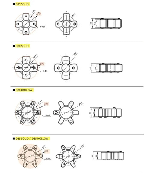 Polyurethane Jaw Coupling Spider Insert dimensions and designs for D25, D30 solid and hollow, D35 solid and hollow versions.