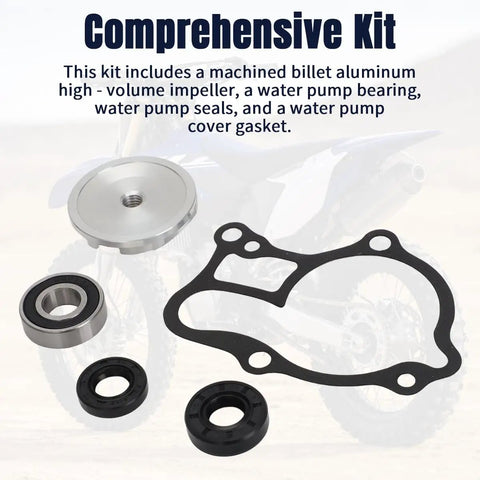 Top Shelf Water Pump Rebuild Kit Equipped With High Flow Billet Impeller And Heavy Duty Bearing Seals For Yamaha Yz250 And Yz250x Off Road Motors includes impeller, seals, gasket.