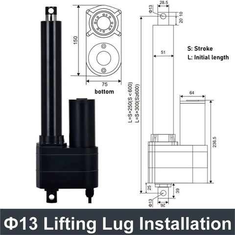 Tough As Nails Linear Actuator 10000N Push 12V DC Stainless Steel Waterproof Electric Cylinder with installation diagram and dimensions.