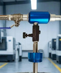 Heavy Duty Coolant Blending Mixer With Inline Automatic Mixing Capability And Adjustable Control for Machinist And Cnc Shops showing blue handle and clamps.