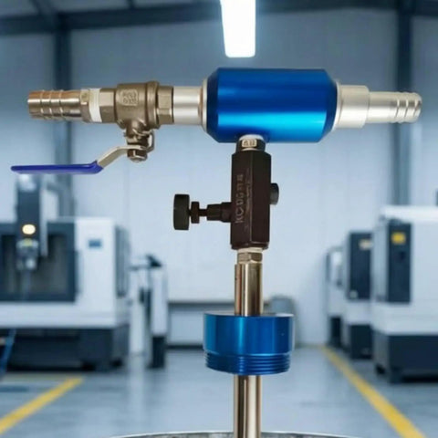 Predolo Adjustable Automatic Coolant Blending Mixer For Machinists And Cnc Shops, blue control valve and stainless steel structure.