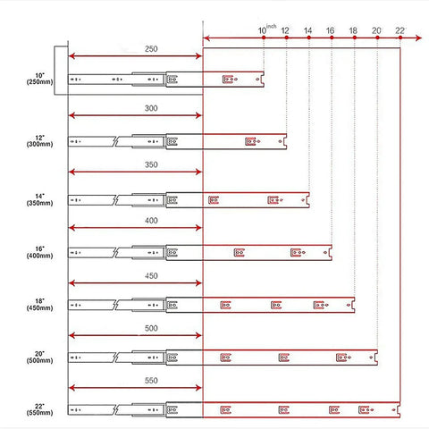 Diagram showing dimensions for Push To Open Drawer Slides Undermount Runners 2 Fold Ball Bearing Full Extension 350mm Set Of 1 Pair