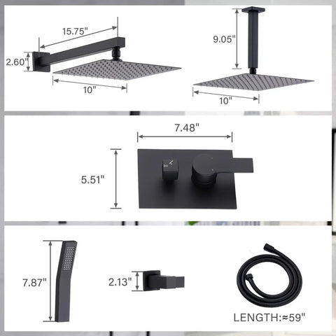10-Inch Ceiling Mount Rainfall Shower System with All-Metal Handheld Sprayer in Matte Black dimensions and details layout