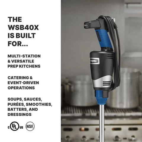 Pro Kitchen Workhorse Immersion Blender With Rock Solid Variable Speed And A Versatile 10 Inch Stainless Shaft close-up in commercial kitchen.