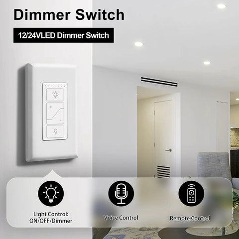 Smart 12V To 24V Dimmer Switch With Remote And Alexa Voice Control For LED Strip Lights mounted on a wall.