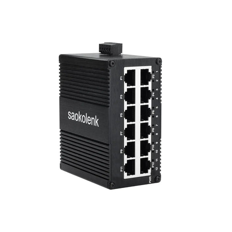 Rugged Industrial Unmanaged 12-Port Gigabit Ethernet Switch With DIN Rail Or Wall Mount, 12 RJ45 10/100/1000 Mbps, IP40 Aluminum Shell