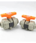 Heavy Duty Double True Union Ball Valve For Industrial Water Pipelines And Plumbing Hoses With Slick Shut Off Action Perfect Fits 20 To 50 Mm Inner Diameter Built Different Pipe Connection, grey valves with orange handles.