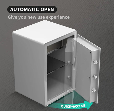 Biometric Fingerprint Safe With Touch Screen Auto Open 3.38 Cu Ft Steel Home Safe with open door showing interior space