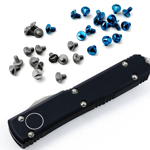 Twelve Piece Blue And Purple Titanium Triangle Screw Kit For Microtech Utx 85 And Ultratech Otf Knife Rigs with screws and knife.