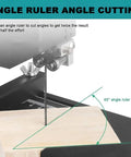 800W Benchtop Bandsaw For Small Workshops With 70mm Cutting Height And 90mm Throat Curves And Straight Cuts Tilting Metal Table 0 To 45 Degrees Powerful Woodworking Tool For Precise Cuts showing angle ruler cutting at 45 degrees