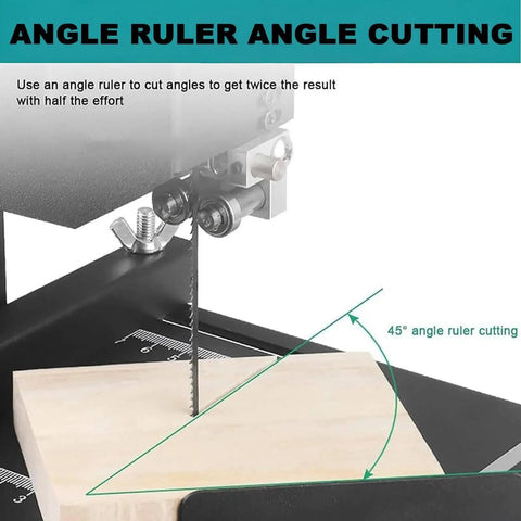 800W Benchtop Bandsaw For Small Workshops With 70mm Cutting Height And 90mm Throat Curves And Straight Cuts Tilting Metal Table 0 To 45 Degrees Powerful Woodworking Tool For Precise Cuts showing angle ruler cutting at 45 degrees