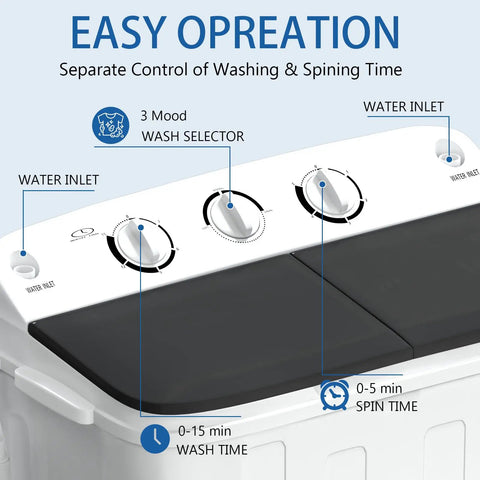 Control panel of Compact Portable Washing Machine Featuring Heavy Duty Motor And Rapid Clean Cycle With Free Drying Rack.