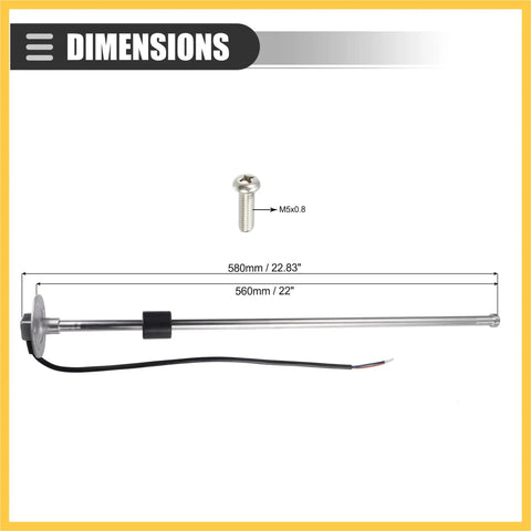 Heavy Duty Marine Fuel Sending Unit With 22 Inch Corrosion Resistant Stainless Steel Float Gauge dimensions and screw size shown.