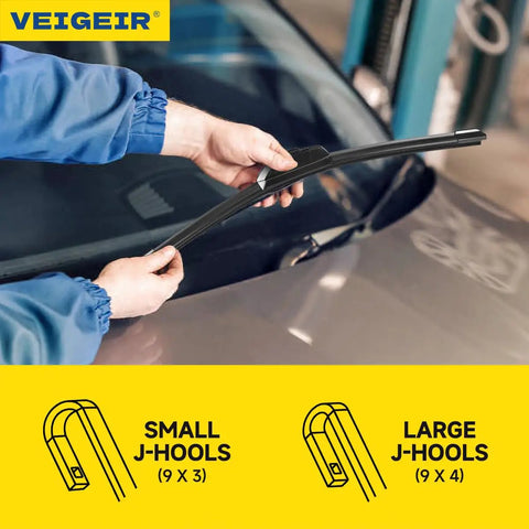 Genuine 3 Pack Windshield Wiper Blades Built Tough For Nissan Rogue And Pathfinder Cruisers, shown with small and large J-Hools.