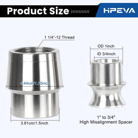 One Pair 1 1/4 Inch Heims Rod Ends With Right And Left Hand Thread Heat Treated Chromoly Alloy Including Round Tube Adapters Misalignment Spacers And Locking Nuts For Badass Project Builds product size diagram showing dimensions of spacers.