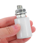 8 Piece White Nylon Gate Roller Kit Makes Your Door Roll Hella Smooth, Silent and Squeak Free Sliding Door Pulley Wheels, Heavy Duty Track Rollers With Rock Solid Durability, Silences All The Noise - Close up of a roller with metal fastener.